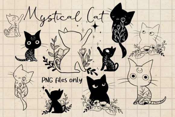 Explore Mystical Cat and Floral Clipart